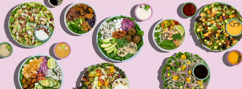 Large Cover image on light pink background with house salads wraps noodle soups buddha bowls and dressings